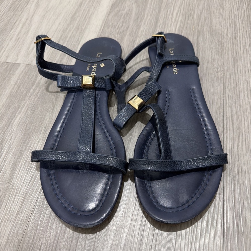 Kate Spade Tessa Bow Flat Leather Navy Gold Sandals Woman's Size 7.5M